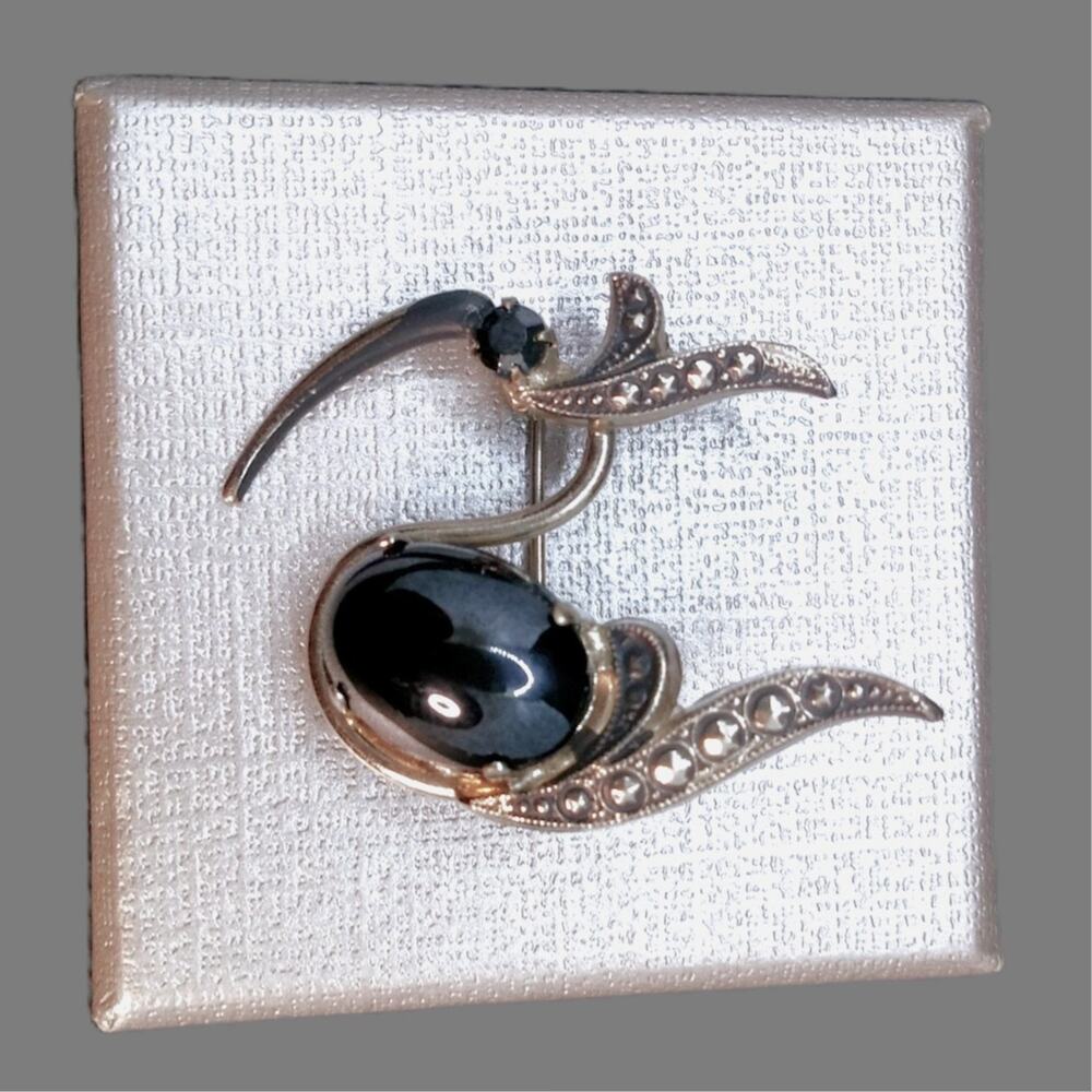 Vintage Marcasite Swan Brooch West Germany Hematite Glass Cabochon Rhinestone